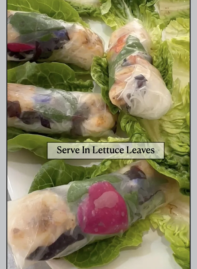 Finished Rice Wraps with Shrimp, Vermicelli Rice Noodles, Edible Flowers & Herbs